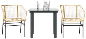 Conjunto jantar jardim 3 peças vidro vime PE castanho