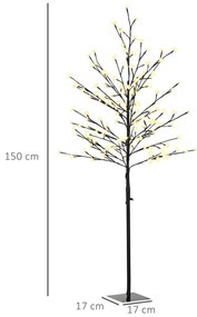 HOMCOM Árvore Cerejeira com 150 Luzes LED IP44 Branco Quente Árvore Decorativa com Ramos Flexíveis para Sala de Estar Festas Interior 17x17x150cm Preto