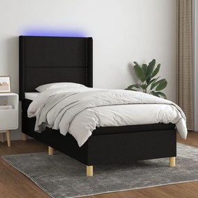 Cama box spring c/ colchão e LED 90x200 cm tecido preto