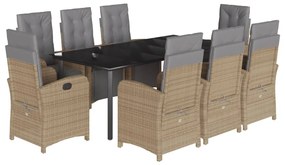 9 pcs conjunto de jantar p/ jardim com almofadões vime PE bege