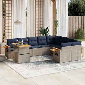 vidaXL 10 pcs conjunto sofás p/ jardim c/ almofadões vime PE cinzento
