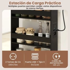 Carrinho cozinha estreito 47,5 x 13 x 80,5 cm com estação de carregamento de 4 níveis com rodas bloqueáveis Preto + Natural