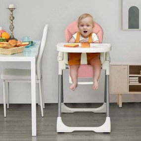 HOMCOM Cadeira de refeição ajustável e dobrável para bebê acima de 6 meses com bandeja dupla Cadeira de refeição portátil Reclinável com 2 rodas e freios 55x80x104 cm Rosa