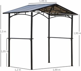 Tenda de jardim 2,5 x 1,5 m para churrasqueira (NÃO INCLUIDA) com 2 prateleiras estrutura em metal preto e cobertura em policarbonato