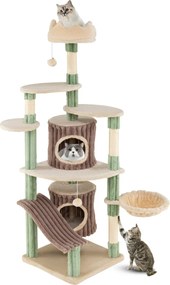 Arranhador Grande para Gatos 77,5 x 68 cm x 163 cm de Interior com 2 Casas Percha de Peluche Cama Postes Rascadores de Sisal Verde