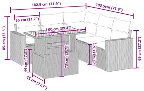 6 pcs conjunto de sofás p/ jardim com almofadões vime PE bege