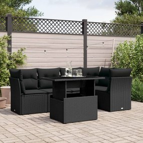 6 pcs conjunto sofás de jardim c/ almofadões vime PE preto