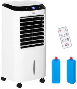 HOMCOM Climatizador Refrigerador de Ar Portátil 10L Humidificador Ventoinha 60W Ecrã LED Controlo Remoto Temporizador 3 Velocidades 3 Modos 38,2x31,6x76 cm Branco