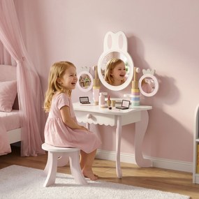 Toucador Infantil de Maquilhagem com Banco Espelhos Giratórios Gaveta e Acessórios e Bandejas Rosa +3 Anos