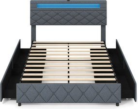 Estrutura de cama 140x200 cm (COLCHÃO NÃO INCLUIDO) com LED USB, estofado, gavetas, cabeceira ajustável, espaço de arrumação, ripas de madeira, não ne