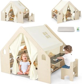 Casa de brincar 6 em 1 em madeira para crianças com quadro negro, secretária, cadeira, 6 cestos, tapete e cortinas para crianças dos 2 aos 6 anos, cor