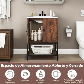 Armário de casa de banho com lavatório em cerâmica com arrumação sob o lavatório com 2 portas Castanho rústico