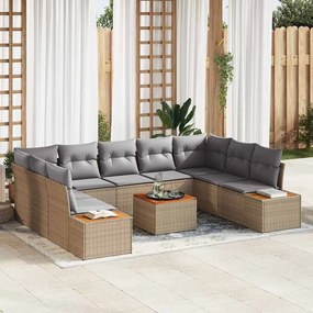 vidaXL Conjunto de Sofá de Jardim de 10 Peças com Almofadas – Rattan Poliéster Bege e Acácia