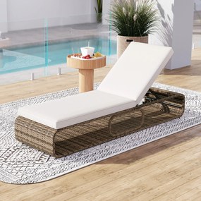 Espreguiçadeira de rattan para jardim com almofada e encosto ajustável, suporta até 180 kg Castanho misto + Branco