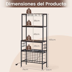 Garrafeira com tomada elétrica 75 x 33 x 165 cm, suportes para copos e chávenas, 3 prateleiras e 8 ganchos para cozinha, castanho