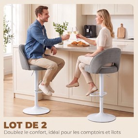 Conjunto de 2 bancos de bar, cadeiras de bar com altura ajustável, assento almofadado em chenille, giratórios a 360°, cinzentos