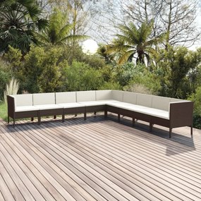 vidaXL 9 pcs conjunto lounge jardim c/ almofadões vime PE castanho