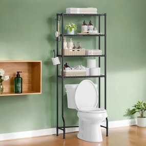Estante para casa de banho sob sanita 30 x 63 x 176 cm com 4 prateleiras e ganchos Preto