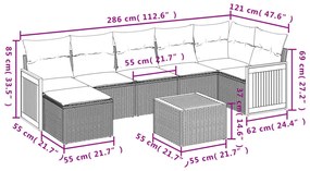 8 pcs conjunto sofás de jardim c/ almofadões vime PE cinzento