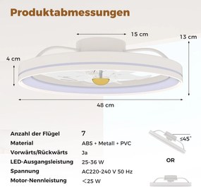 Ventoinha de teto de 48 cm de 7 pás 6 velocidades Temporizador e controlo remoto para sala, quarto, escritório Branco