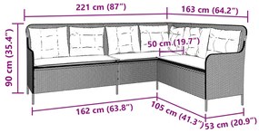 Sofá de jardim em forma de L com almofadões vime PE cinzento