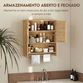 Armário de Casa de Banho de Parede em Bambu com 2 Portas Ripadas, Prateleira Aberta e Ajustável Natural
