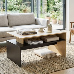 Mesa de centro 95 x 55 x 50 cm moderna bicolor com níveis deslocados e prateleira de arrumação , cor madeira natural e preta