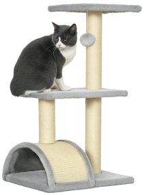 PawHut Arranhador para Gatos Médio Arranhador para Gatos de 3 Níveis Torre para Gatos com Postes de Sisal Placa para Arranhar e Bola Suspensa Cinza