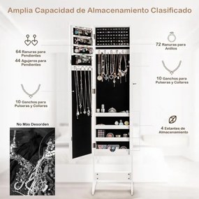 Espelho de joias de pé 35 x 30 x 144 cm com 3 inclinações, organizador de armazenamento para brincos e colares com espelho e 4 compartimentos, branco