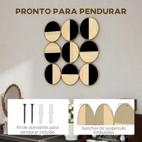 Quadro Decorativo de Parede Geométrico Decoração de Parede Moderno 3D 60x60 cm com Espelho de Plástico Preto e Madeira