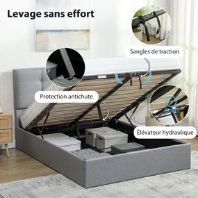 Cama com arrumação 140x190 (COLCHÃO NÃO INCLUIDO), estrutura de cama de casal estofada com base de ripas de madeira e arrumação oculta, sem colchão, c