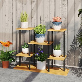 Suporte para plantas de interior com 6 prateleiras, estrutura em aço e base em madeira maciça, 80 x 24 x 61,5 cm, madeira natural