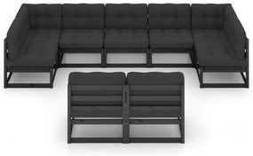 9pcs conjunto longue de jardim c/ almofadões pinho maciço preto