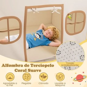 Casa de brincar para crianças para interior 120 x 101 x 143 cm, com luzes de estrelas e tapete acolchoado a partir dos 3 anos Bege + Castanho