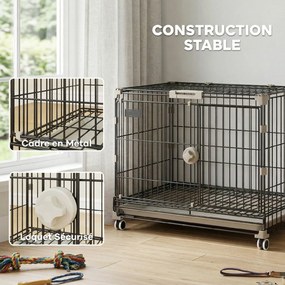 Gaiola dobrável para cães, tabuleiro removível, rodas com travões, teto abrível com fecho de segurança, 60,5 x 45,5 x 54,5 cm, preta