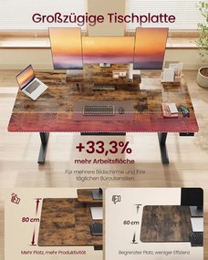 Secretária elétrica com altura ajustável, suporte para monitor e USB 160 x 80 x (72-120) cm castanho vintage