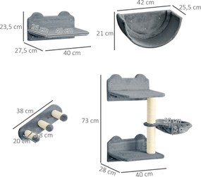 Prateleiras de Parede para Gatos 4 Peças com Rede Plataforma Semicircular Plataformas de Salto e Poste de Sisal Cinza