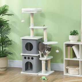 Arranhador para Gatos 126 cm com Caverna Plataformas Bolas Suspensas e Poste de Sisal 56x34x126 cm Cinza e Creme