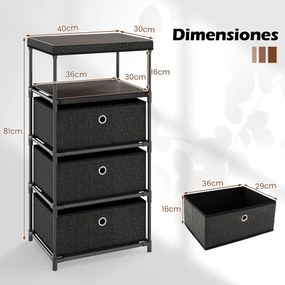 Cómoda com  3 gavetas gavetas de tecido 40 x 30 x 81 cm com superfície de madeira e estrutura metálica Castanho rústico e preto