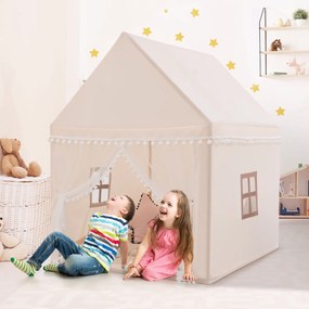 Casa em formato de barraca para crianças com estrutura em madeira maciça e manta de algodão 120 x 105 x 140 cm Bege