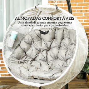 Cadeira Suspensa com Suporte Cesto Dobrável de Malha Dupla com Almofada e Apoio para Copos 106x114x178 cm Areia e Preto