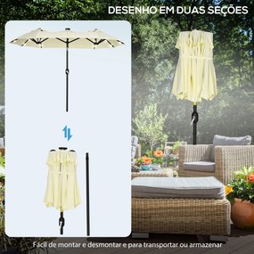 Outsunny Chapéu de Sol Duplo com Luzes LED 280x146x227cm Chapéu de Sol de Jardim com Inclinação de 45° Manivela Estrutura de Aço para Pátio Varanda Piscina Bege