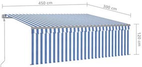 Toldo automático c/ estore/LED/sensor vento 4,5x3 m azul/branco