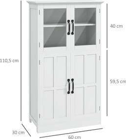 Aparador de cozinha com armário de arrumação múltipla, 2 portas, portas de vidro e 4 prateleiras em madeira branca