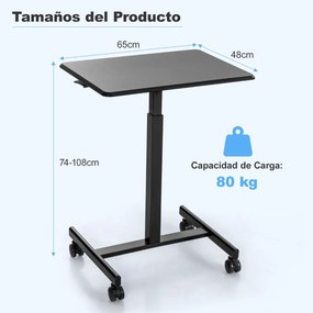 Secretária móvel para computador portátil com rodas Estação de trabalho ajustável em altura Preto