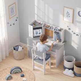 Secretária Infantil com Cadeira Suporte Ajustável para Comprimido Porta-lápis Quadro de Cortiça Estantes e Armários Cinza