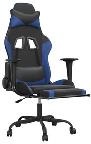 Cadeira gaming c/ apoio para pés couro artificial preto e azul