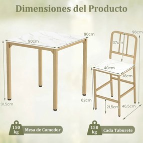Conjunto de mesa de jantar alta e 4 bancos para 4 pessoas com tampo em imitação de mármore, mesa quadrada moderna branco