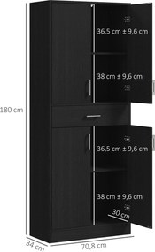 Armário de cozinha alto com 4 portas 70,8 L x 34 P x 180 A cm, 2 compartimentos e 1 gaveta central, altura de 180 cm, com 2 prateleiras ajustáveis, pr