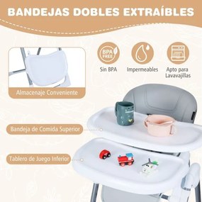 Cadeira alta refeição dobrável para bebés portátil com altura ajustável Encosto reclinável Apoio para os pés Arnês Cinza claro